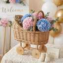 Woven Rattan Stroller Shaped Flower Basket with Handle, Versatile Trolley Decorative Flower Basket, Wicker Baby Carriage, Handwoven for Weddings, Baby Showers, Floral Arrangements