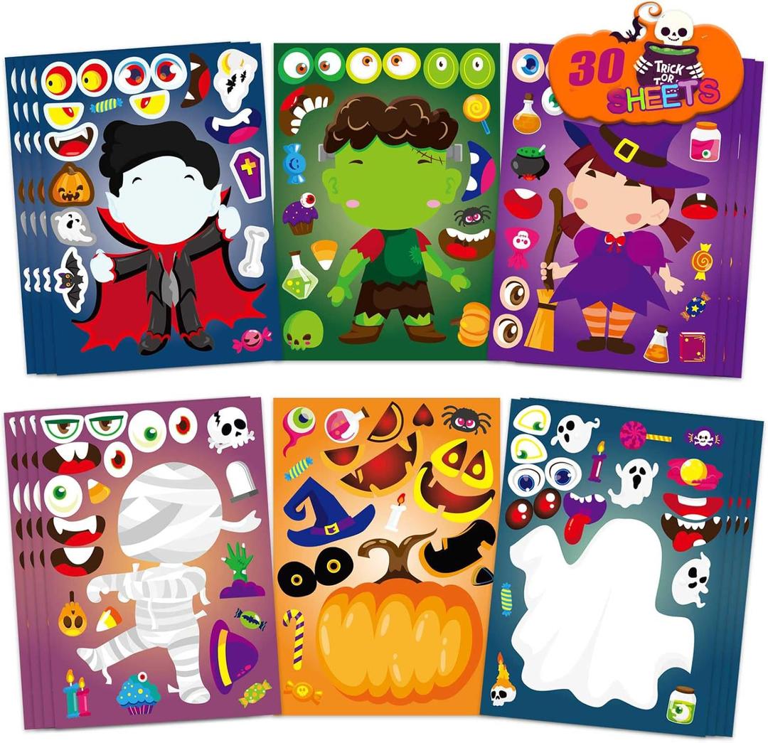 xutengy 30Pcs Halloween Stickers Party Favors for Kids Toddlers , Make a Face Zombie Witch Vampire Self Adhesive DIY Classroom Treats Game Goody Bag Filler (Halloween A)
