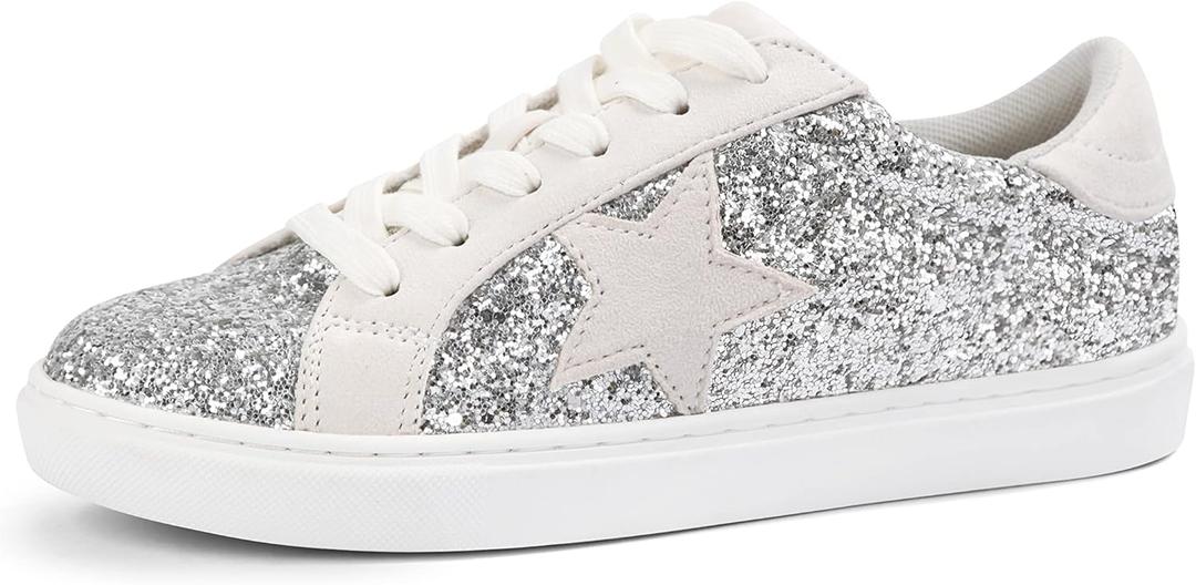 PARTY Women's Fashion Star Sneaker Lace Up Low Top Comfortable Cushioned Walking Shoes (7.5, Silver Glitter Suede)