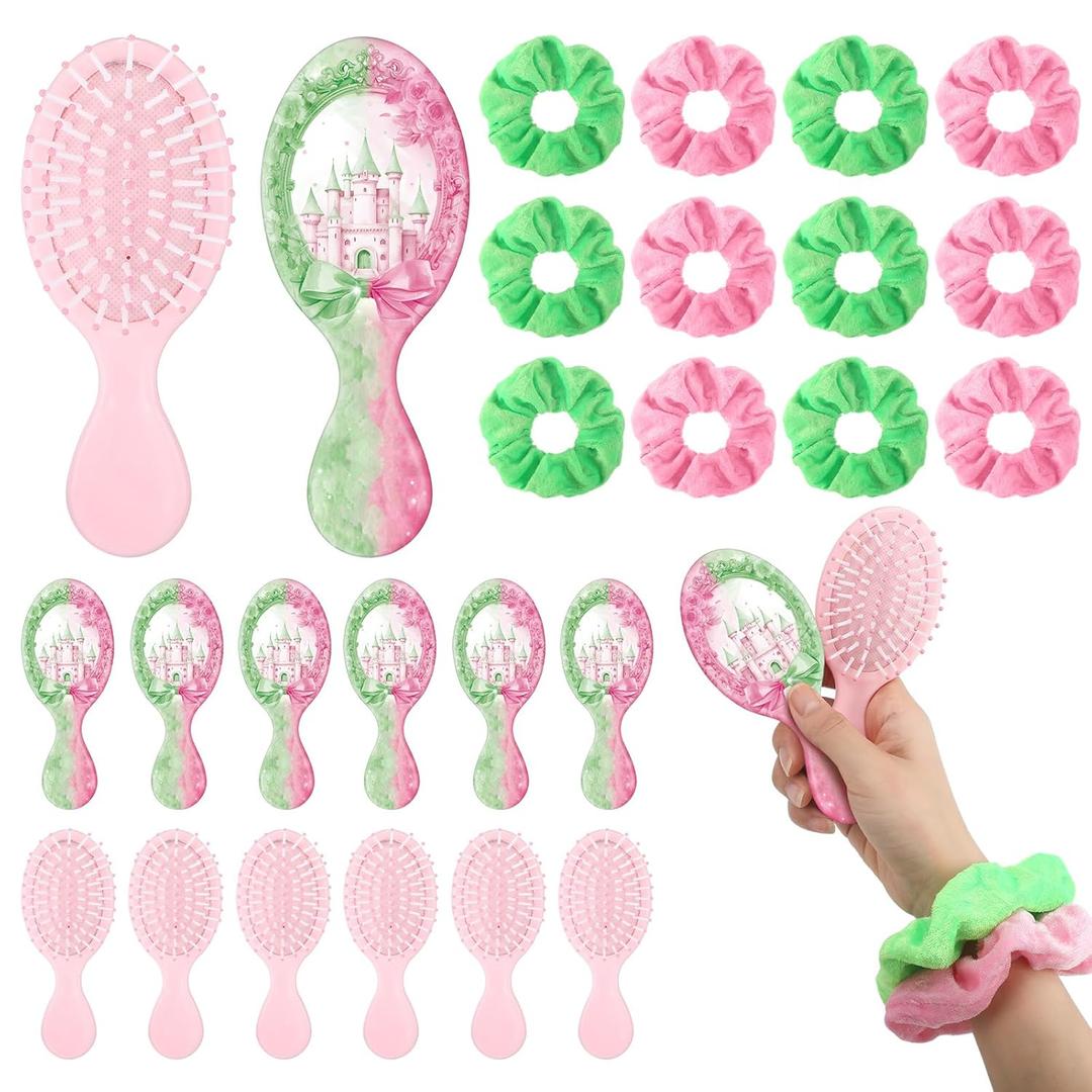 Qunclay 24 Pcs Witch Party Favors Pink and Green Mini Hair Brush and Scrunchies Set for Women Witch Music Movie BFF Green Castle Enchanted Wizard Princess Birthday Party Gift Decor