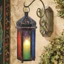 DECORKEY Ramadan Decorations, Candle Lanterns Decorative Indoor & Outdoor, 14.4'' Vintage Moroccan Hanging Lantern with 6 Colors Glass, Metal Candle Holder for Home Front Porch Patio Decor