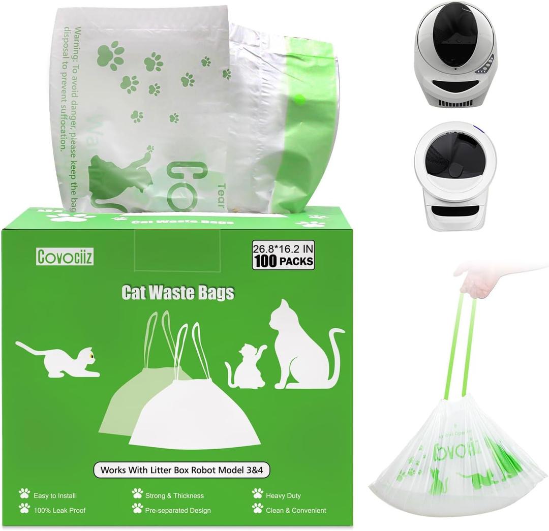 100 Pack Waste Bags, Compatible with Litter Robot 4 and 3, Automatic Litter Box Bags. Thick Pre-Separated Heavy Duty Litter Box Liners, 26.8" x 16.2"