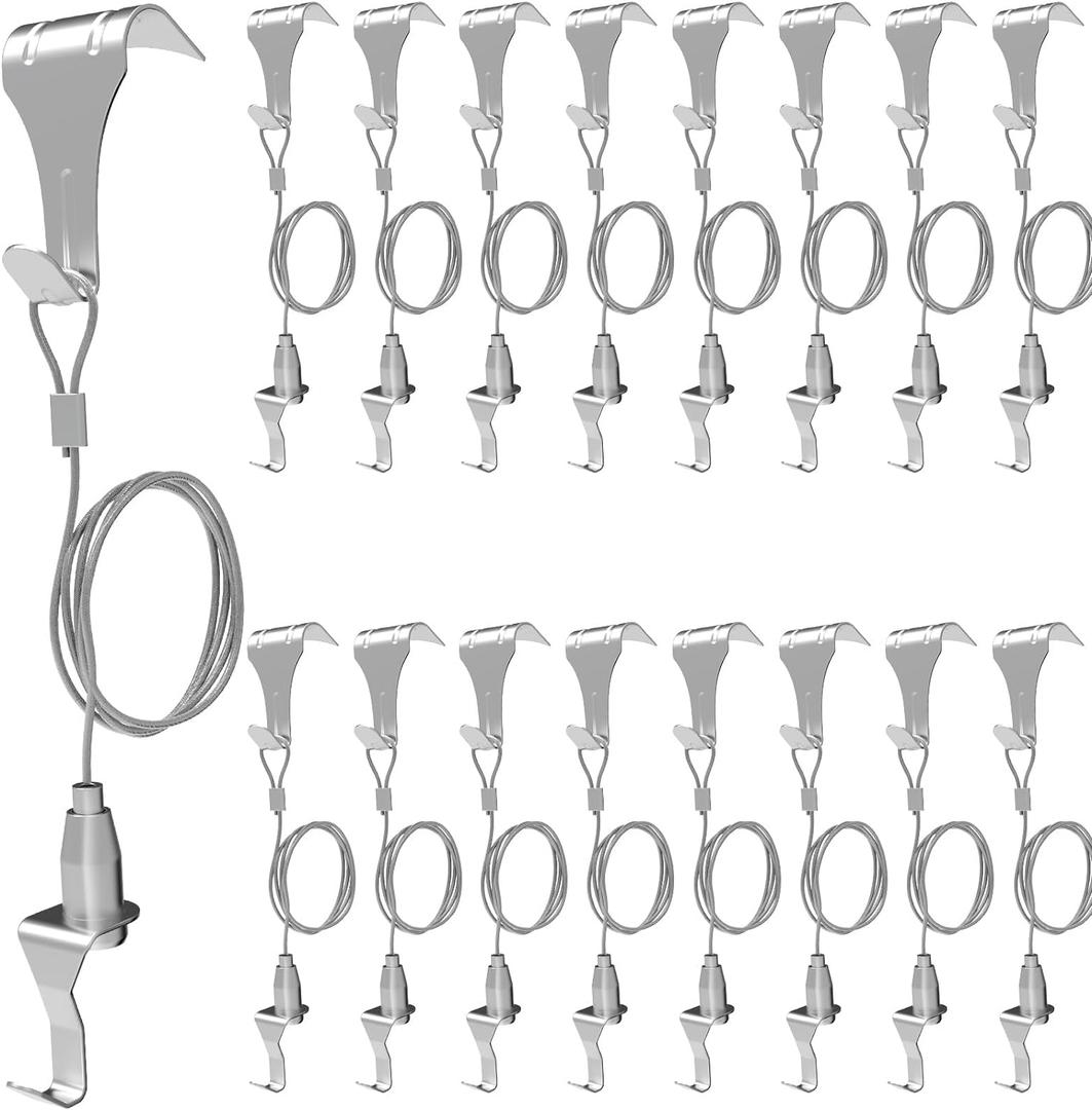 16 Pcs Picture Rail Hanging System,Picture Rail Hooks Molding Hooks Picture Rail Hangers,Adjustable Picture Wire Hooks Kit with 3ft (1 m) Length Cable with Loop,Picture Hanging Kit