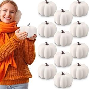 Liliful 6" Foam Artificial Pumpkins Fall Harvest Pumpkins Fake Pumpkin Decor Plastic Pumpkins Carvable Foam Pumpkin for Halloween Thanksgiving Home Decor(White, 12 Pcs)
