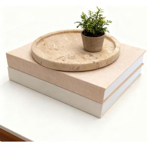 Decorative Books with Natural Travertine Marble Tray  Linen Covered Fake Books & Unique Yellow Stone Serving Tray 8"  Coffee Table Dining Entryway Shelf Decor for Living Room, Perfume, Plant
