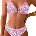 Fanuerg Women's Triangle Bikini Sets O Ring Linked Two Piece Swimsuits Floral Printed Cheeky Bathing Suit (Medium)