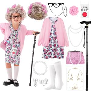 100 Days of School Old Lady Costume Set with Granny Dress Cardigan Old Lady Wig Glasses Grandma Dress Up Outfits 13Pcs (M (5-7yr), Pink)
