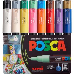 uni POSCA PC-1M Water-Based Paint Markers, Extra Fine Tip (0.7mm), Assorted Colors, 16 Pack