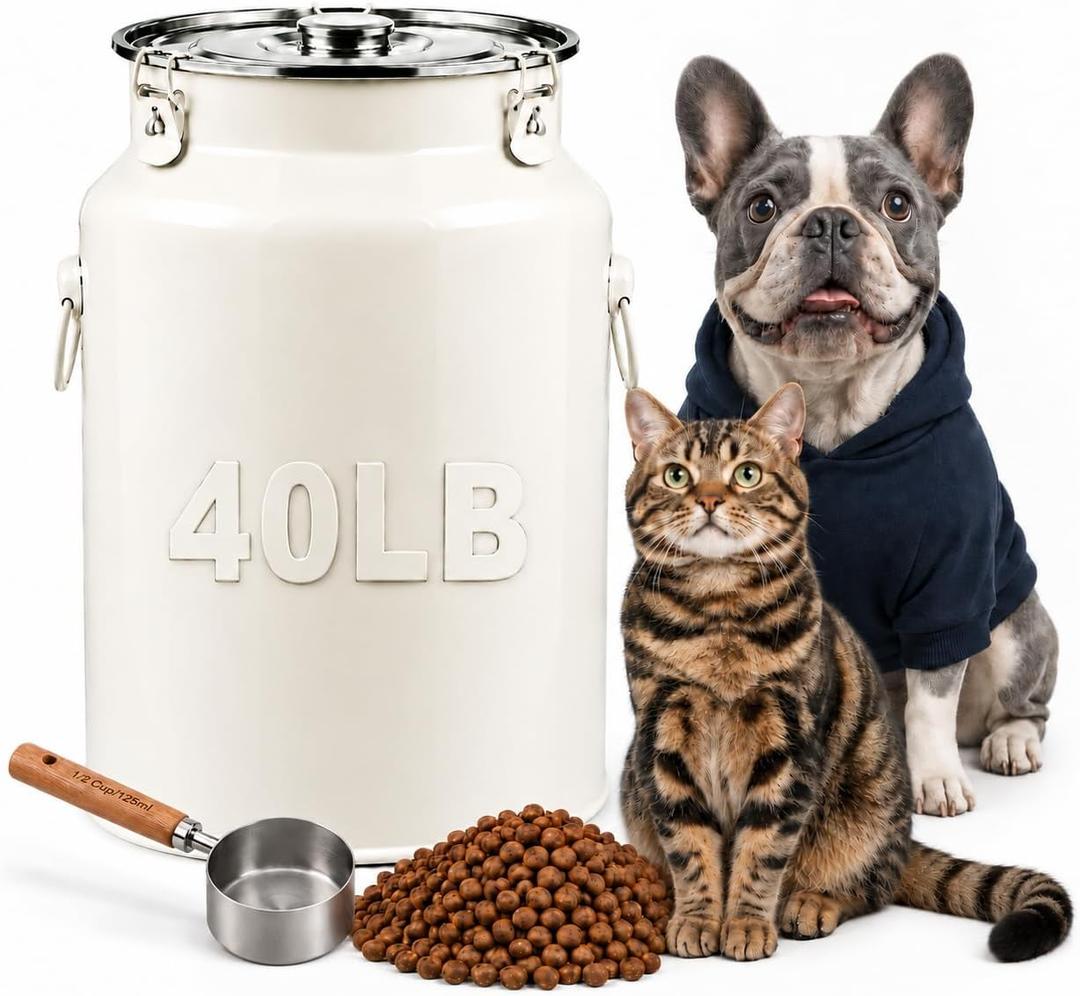 Stainless Steel Dog Food Storage Container 40 lb, Painted Large Bin with Locking Buckle Lid, Carry Handle, Scoop and Load-Bearing Bottom, Dog Food Storage Can (40, Pounds)