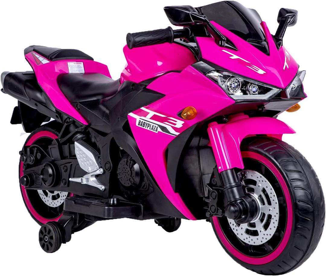 12V Kids Electric Motorcycle, Electric Motorcycle Ride On Toy w/Training Wheels, Spring Suspension, LED Lights, Sounds & Music, MP3, Battery Powered Dirt Bike for Boys & Girls (Pink)