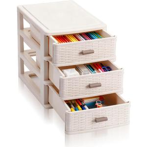 Small Storage Desk Wicker Weave Drawer 3 Drawers Plastic Storage Mini Plastic Weave Drawer Unit with Pull Handles Desk Organizer for Office Supplies Craft Countertop Makeup Bathroom(White)