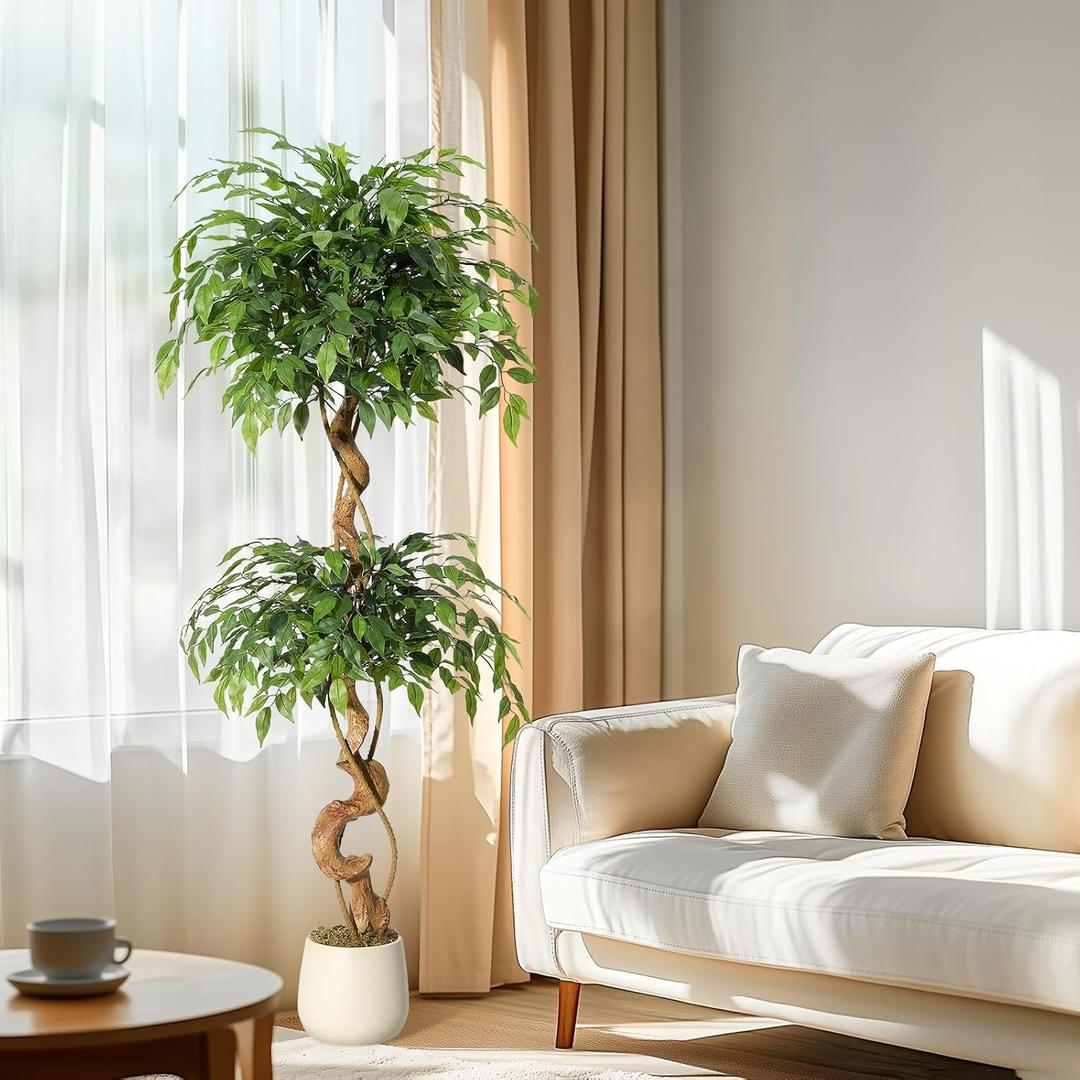 GarveeHome Ficus Artificial Tree with Curved Trunk5 Feet Faux Plant Fake Silk Trees with White Pot, Fake Ficus Tree for Home Decor, Artificial Plants Indoor for Office Living Room (5ft, Green)