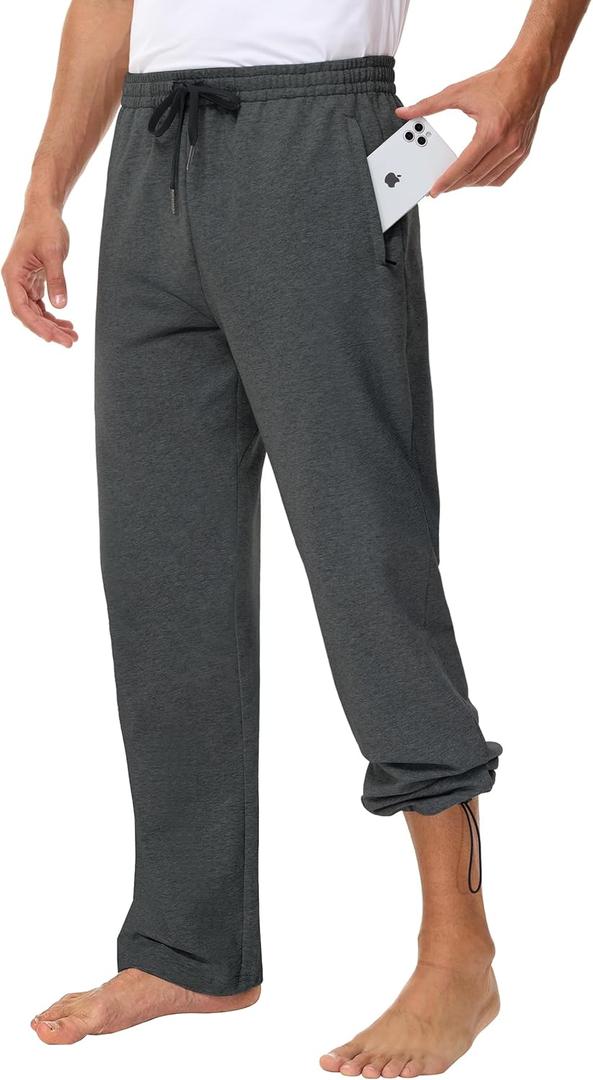 Men's 36" Cotton Yoga Sweatpants - Athletic Casual Lounge Open Bottom Straight Leg Loose Pants Zipper Pockets (Large, Dark Grey)
