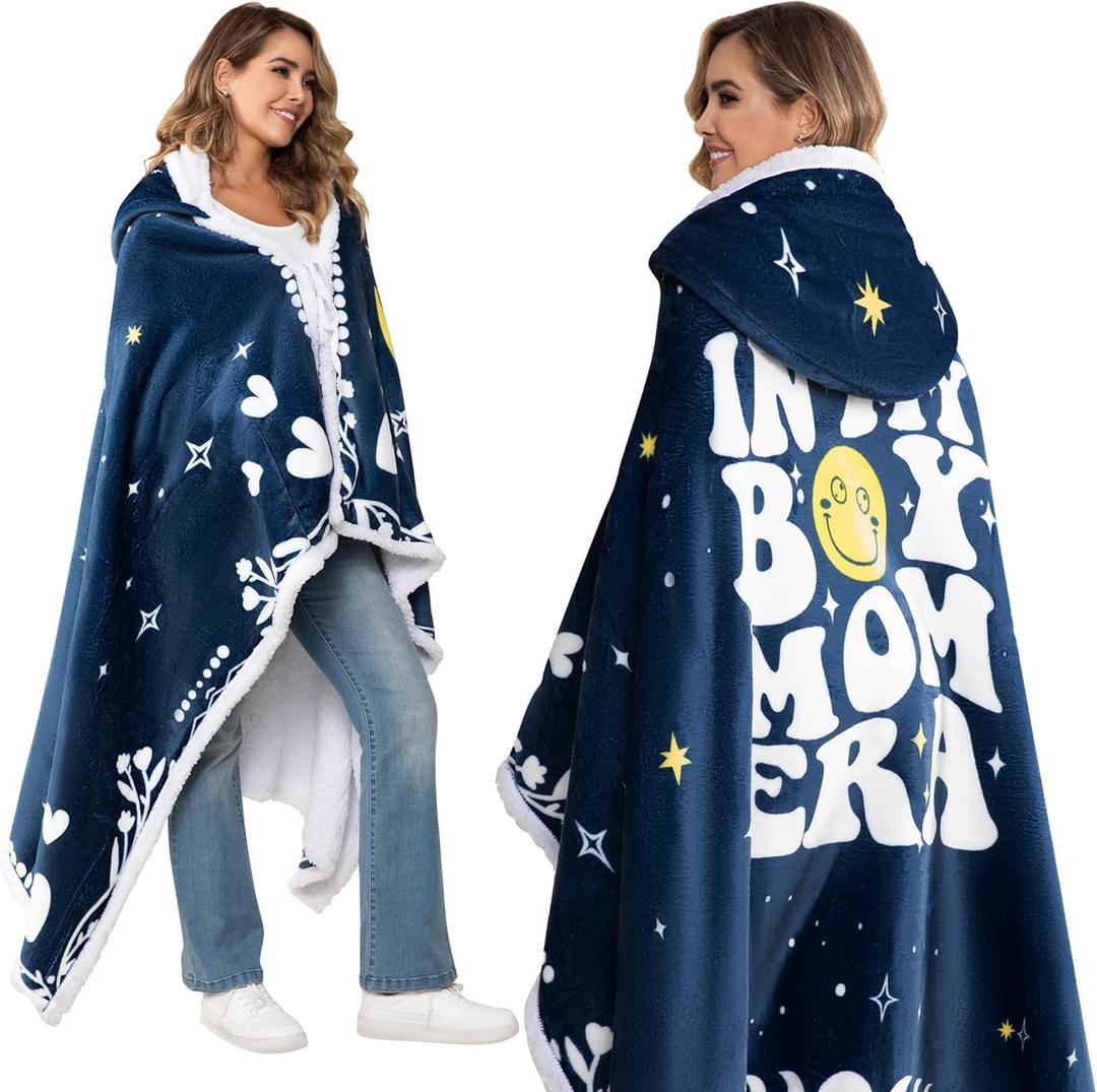 Boy Mom Wearable Blanket Hoodie, Blue Hoodie Blanket for Women, Mothers Day Birthday Gifts from Son, New Mom Gifts for Boy Mother