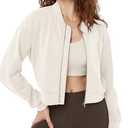 Modal Soft Full-Zip Bomber Jacket for Women Long Sleeve Casual Fall Outfit Crop Top with Pockets, Ivory, S