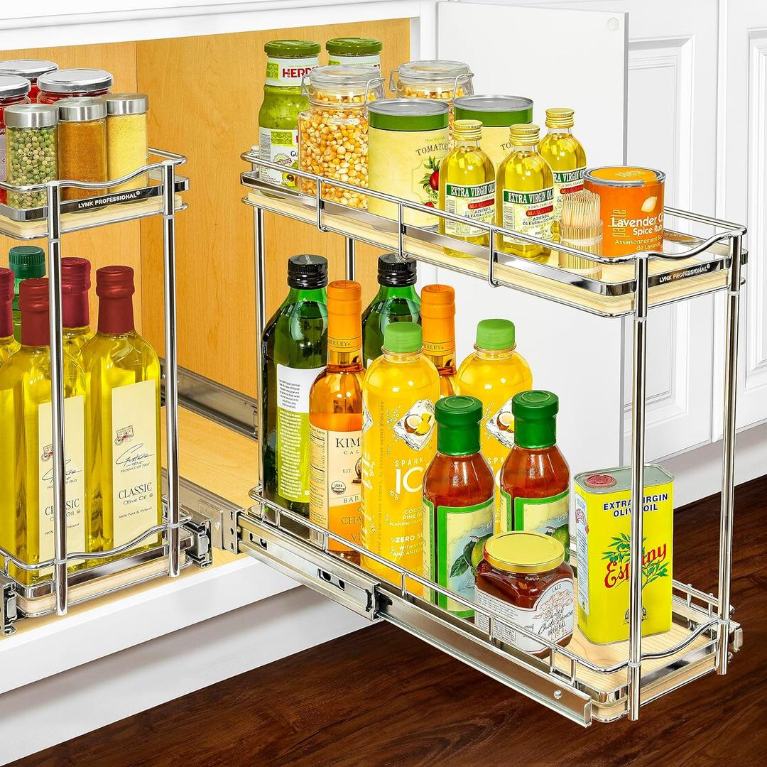 LYNK PROFESSIONAL lite Pull Out Spice Rack Organizer for Inside Kitchen Cabinets - 6" x 21" - Slide Out Drawer  Wood/Chrome Sliding Spice Organization for cabinet - Spice Racks - 2 Tier