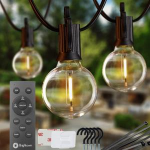 Brightown Led String Lights Outdoor 38Ft(28+10) with Remote Hooks and Clips, Patio String Lights for Outside with 17 Shatterproof Bulbs(2 Spare), Hanging Lights for Backyard Party Cafe, E12 Socket