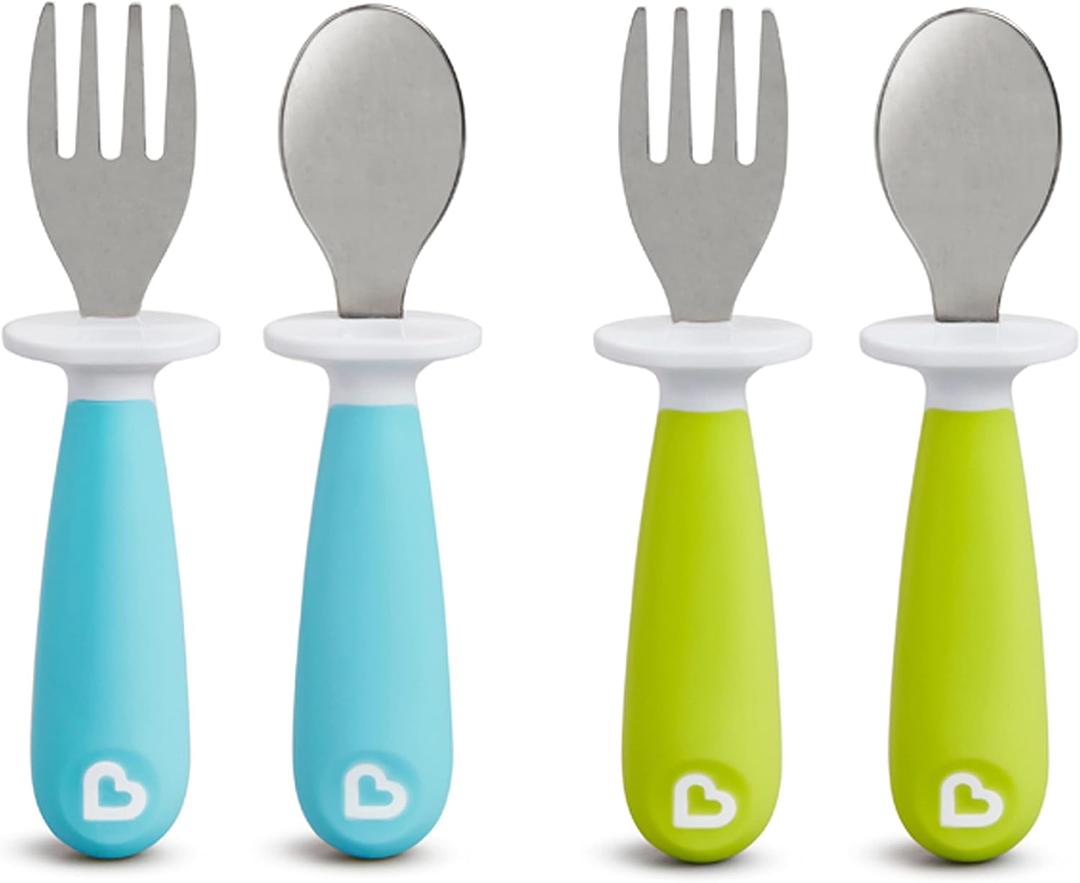 Munchkin Raise Toddler Fork and Spoon Utensil Set, Rest Keeps Tip Off Table, BPA Free, 4 Pack, Blue/Green