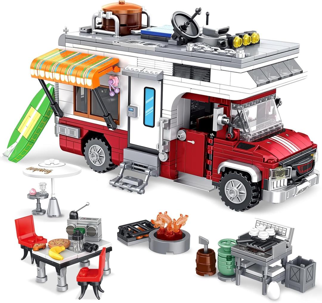 Camper Van Building Set, Compatible with Rvs Camper Vehicles, Summer Beach Holiday Camping Car Building Toy with Light, Gift for Adults and Boys Girls Kids Teens 8-12 (924 PCS)