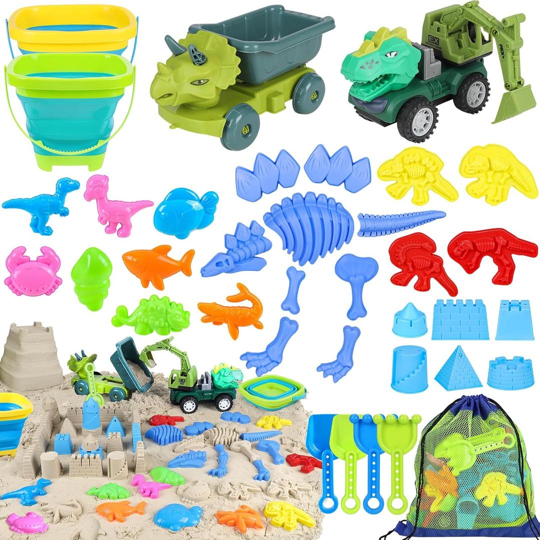Beach Toys, 36Pcs Dinosaur Sand Toys for Kids Toddlers, Sandbox Toys with 2 Truck, Collapsible Beach Bucket, Mesh Bag, Sand Molds, Sand Castle Building Kit, Travel Beach Toy for Kids Toddlers Ages 3-12