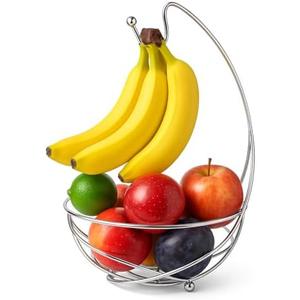 Chrome Fruit Bowl with Banana Holder – 14" Countertop Wire Basket with Banana Hook, Modern Fruit Basket with Banana Tree Hanger for Kitchen Table or Island Storage