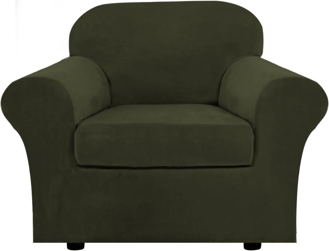 H.VERSAILTEX Rich Velvet Stretch 2 Piece Cover Chair Slipcover Sofa Cover Furniture Protector Couch Soft with Elastic Bottom Chair Couch Cover Width Up to 49 Inch (Chair, Olive)