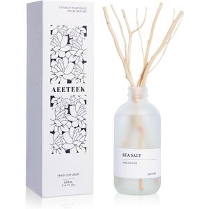 Sea Salt Reed Diffuser, 7.4oz(220ml) Sea Salt Musk and Grass Essential Oils, Bathroom Air Freshener with Willow Branches Decor, Long Lasting Fragrance for Home (1-Pack)