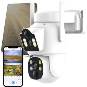 Solar Security Cameras Wireless Outdoor Dual Lens 4MP 2.4G&5G 360 PTZ,Solar Powered Wireless Home Security Camera,PIR Alarm Motion Detection,Color Night Vision,2-Way Audio,WiFi,IP66,No Subscription