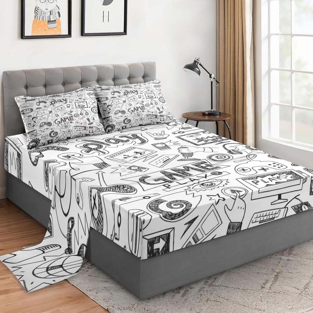WeCozy Queen Size Bed Sheet Sets with Pillowcases, Space Computer Games 4 Pcs Soft Microfiber Bedding for Kids and Adults, Black Play Video Flat, Fitted Sheet for Bedroom Bed Decor