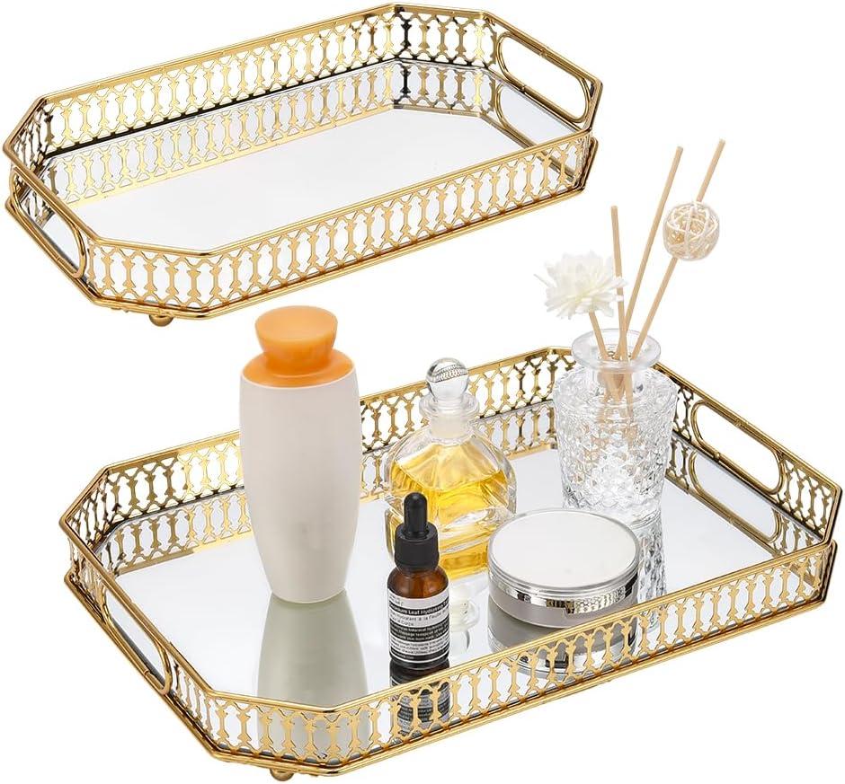 2Pcs Gold Vanity Tray, Vintage Mirror Decorative Perfume Tray for Dresser, Jewelry, Bedroom Vanity, Bathroom Counter, Living Room(2 Size)