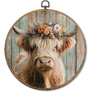 Pugwak Vintage Highland Cow Round Wall Art Decor, Rustic Farmhouse Cow Animal Canvas Art Framed, Country Cottagecore Flower Cattle Artwork Wall Hanging Decor for Home Living Room Bedroom, 10x10in
