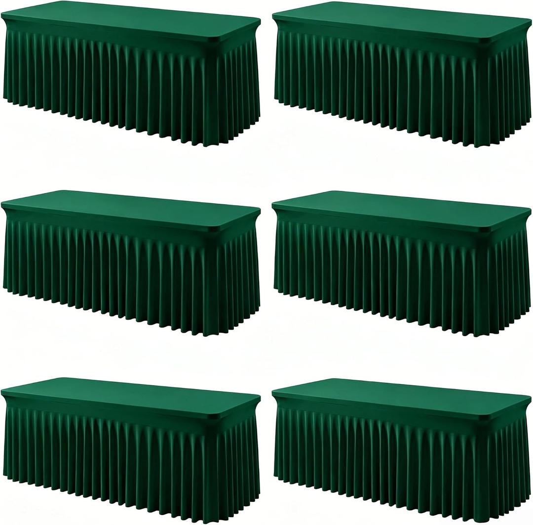 6 Pack Hunter Green Spandex Fitted Tablecloth 6 Foot - Stretch Table Clothes for 6 FT Rectangle Table, Washable Ruffles Elastic for Weddings, Buffet, Banquet, Trade Craft Show, Party Celebration