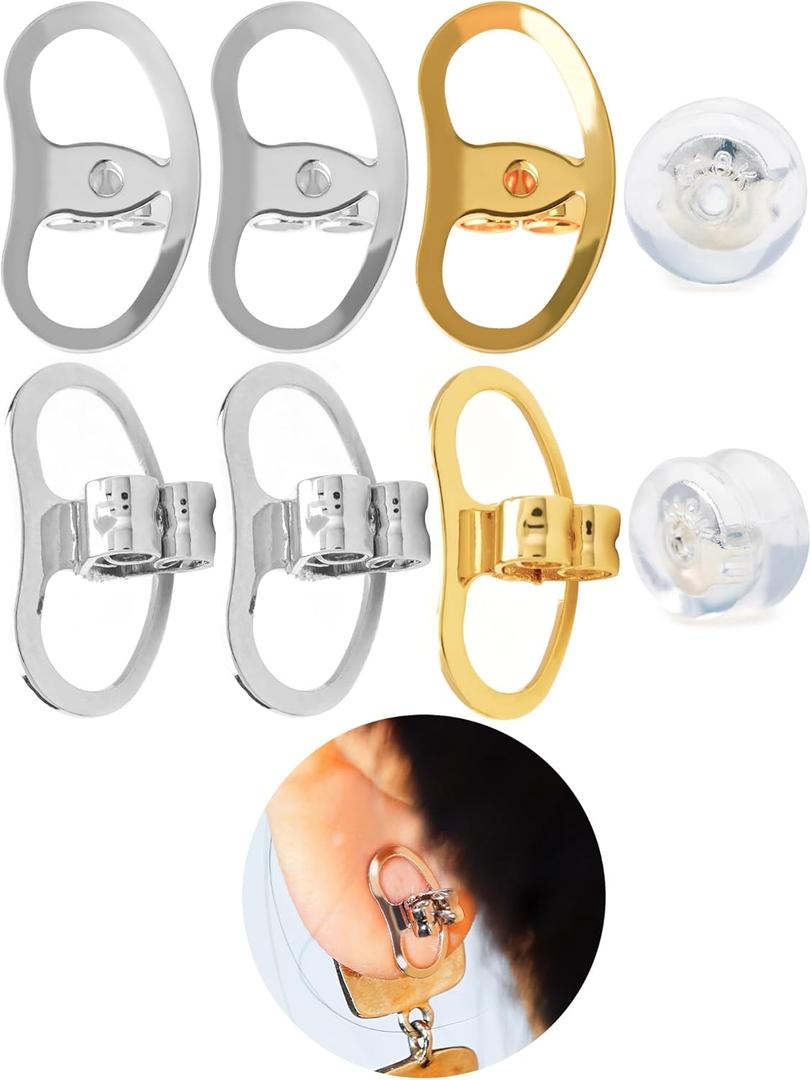 Earring Backs for Droopy Ears, Adjustable Heavy Earrings Lifters Backs, 8 Pairs (2 Silver+1 Gold+1 Silicone)