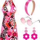 SATINIOR 4 Pcs 60s 70s Hippie Costume Women Retro Disco Outfit Groovy Dress Headband Earring Party Sunglasses for Halloween (Medium)