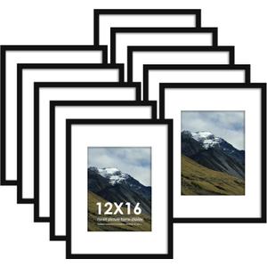 Fisnish 12x16 Picture Frame Sef of 10, Display Pictures 8.5x11 with Mat or 12 x 16 Without Mat, Photo Frame Collage for Wall Gallery Decor, Wall Mounted, Black
