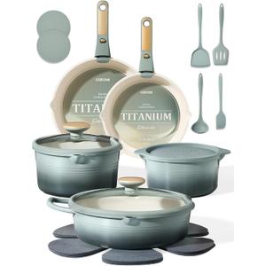 CAROTE 20Pcs Titanium Cookware Set, Pots and Pans Set Non Stick, Kitchen Cooking Set with Detachable Handle, Non Toxic Induction Cookware, Dishwasher/Oven Safe, 20 Piece