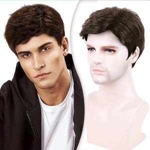 Creamily Mens Short Brown Wig Mens Curly Wigs Layered Natural Fluffy Synthetic Hair Wig Heat Resistant Halloween Costume Cosplay Wigs for Men Hair Replacement Wigs Daily (C- Brown Wig)