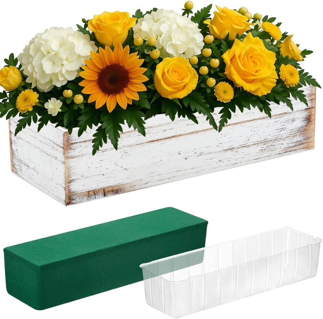 Dandat 1 Set Wood Boxes for Centerpieces 12x4 Inch Rectangle Wooden Planter Box Rustic Wooden Planters with Removable Plastic Liner Floral Foam Blocks for Christmas Wedding Home Garden Decor(White)
