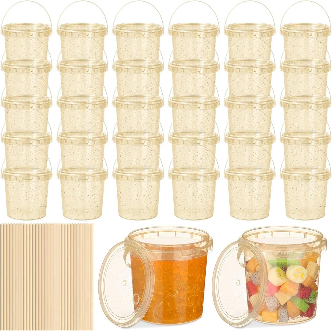 32 Pack 32oz Gold Glitter Buckets with Lids and Straws Ice Cream Cocktail  plastic Buckets for Drinks Reusable Food Containers Glitter Cup with Handle for Wedding Birthday Holiday Parties