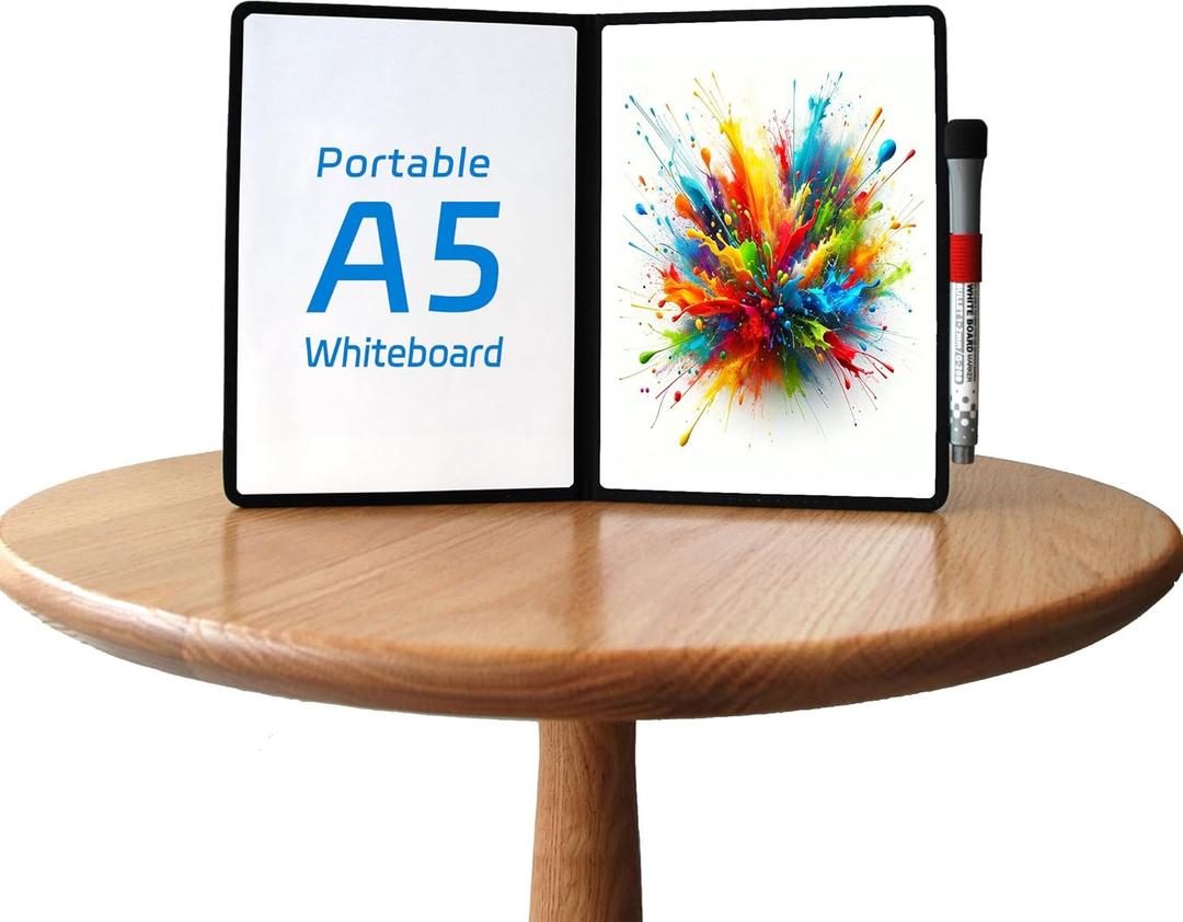 Double-Sided White Board - A5 Portable Whiteboard - Ultra-Thin 0.3" Small Dry Erase Board with 1 Marker & Anti-Ghosting Surface | Magnetic-Ready | Mini Foldable for Office,Home,Meeting(Black)