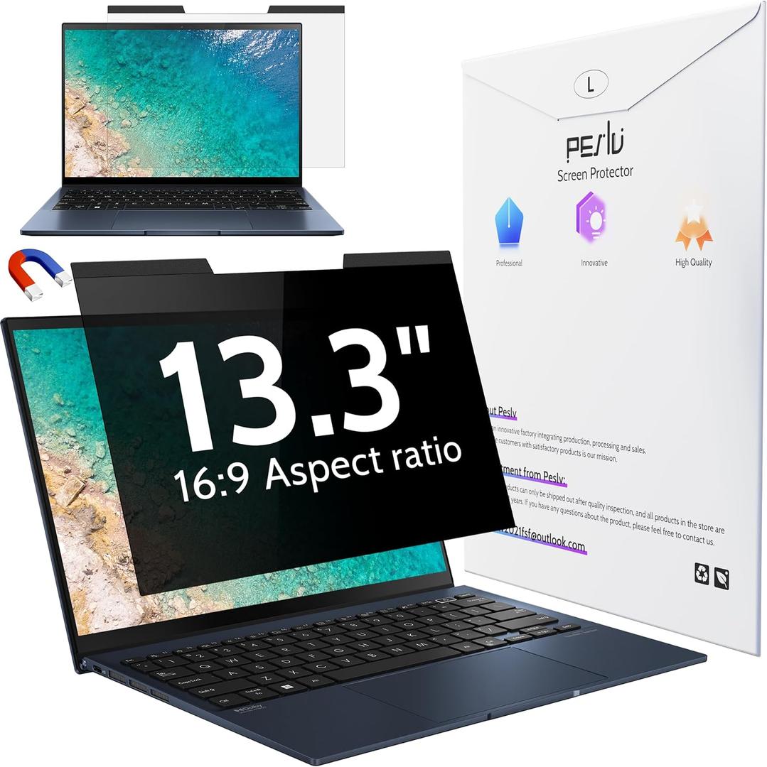 Peslv Magnetic Laptop Privacy Screen 13.3 Inch for 16:9 Computer Monitor, 13" Removable Anti Glare Protector Blue Light Filter Shield Compatible with Lenovo Hp Dell Acer Asus Thinkpad Envy Xps