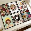 KKP 6Pcs Colorful Girl Bedroom Wall Art, Chic Eclectic Posters Prints, Boho Sun Face ＆ Record Player and Books Pictures Wall Decor for Teen Girls Apartment Dorm 12x16 Inch Unframed