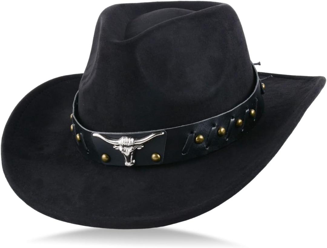 Unisex Wide Brim Black Cowboy Hat, Stylish Cowboy Hat for Men and Women for Outdoor Activities, Adjustable Fit Cowboy Hats with Elegant Black Band Great for Parties and Costumes