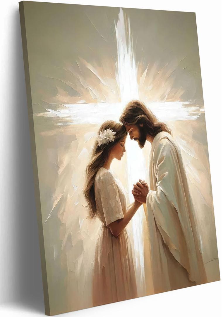 Jesus Praying with Woman Canvas Wall Art Jesus with Girl Painting Christian Cross Wall Decor Pictures God Poster Prints for Living Room Bedroom Church Home Decorations 16x24in Ready to Hang