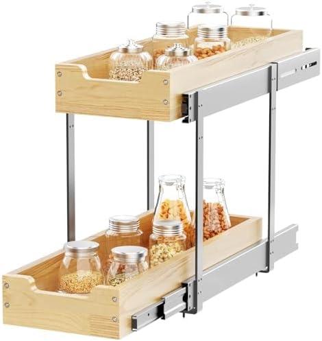 Sikarou Wood Pull Out Cabinet Organizer 2 Tie 9" W x 21" D, Heavy-Duty Sliding Drawers for Inside Cabinets Storage and Organization for Kitchen, Pantry, Bathroom