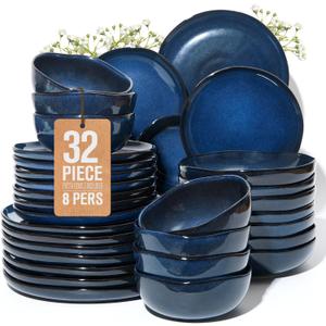 Pokini Stoneware Dinnerware Sets for 8, 32Pcs Ceramic Plates and Bowls Sets