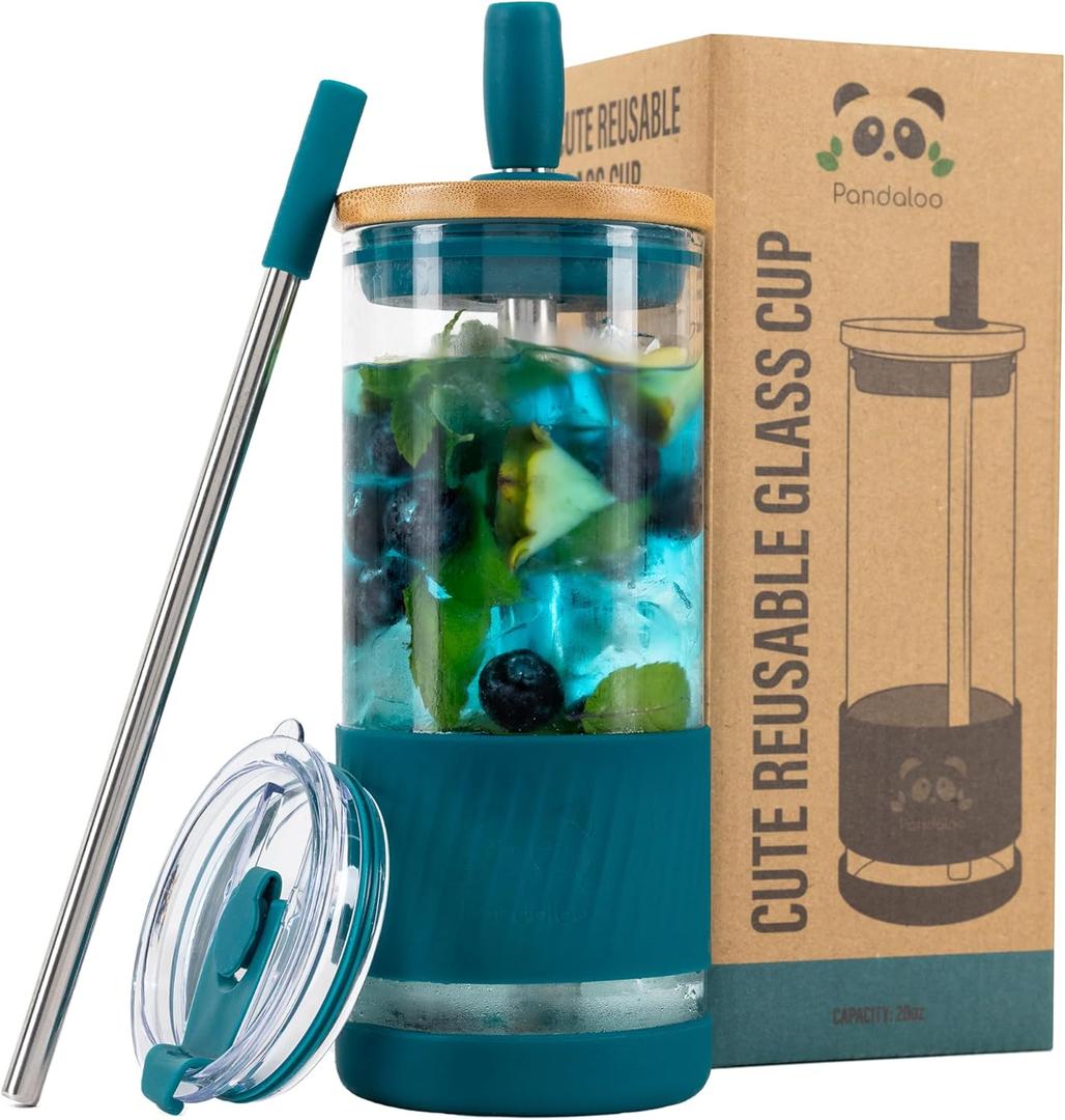 Pandaloo Glass Cups With Lids and Straws -20 Fl Oz- Perfect Size Iced Coffee Cup - Smoothie Cup With Bamboo Lid and On the go Lid - Glass Tumbler With Straw (1 Count (Pack of 1), Intense Teal)
