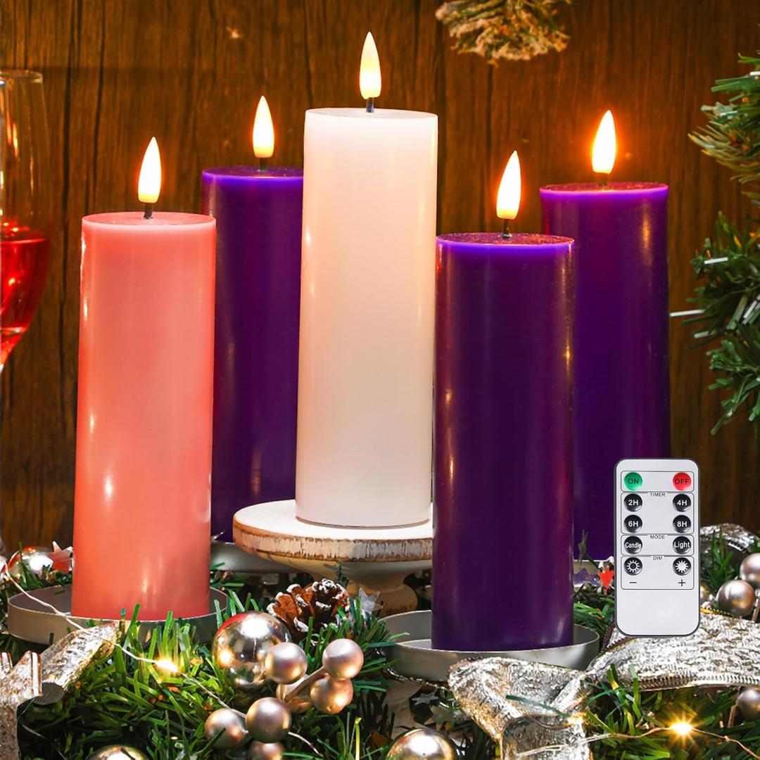 VIHOSE 5 Pcs Advent Wreath and LED Candles Set, Flameless Purple Pink White LED Pillar Candle Set Centerpiece Accessories Home Decor Seasonal Church Supplies for Xmas (Advent,5 x 15 cm)