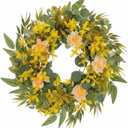 Yellow Wreaths for Front Door Decor, 22" Artificial Eucalyptus Leaves Wildflower Wreath Decorations for Spring Summer Home Door Window Outside Wall Indoor Outdoor Porch and Housewarming Party