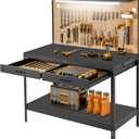 Work Benches for Garage, Heavy Duty Workbench with Drawers, Lights, Pegboard & 12 Hooks, 600LBS Capacity, Suitable for Tool Organizers and Storage, for Garage, Workshop, Basement, Garden & Shop (Dark Black)
